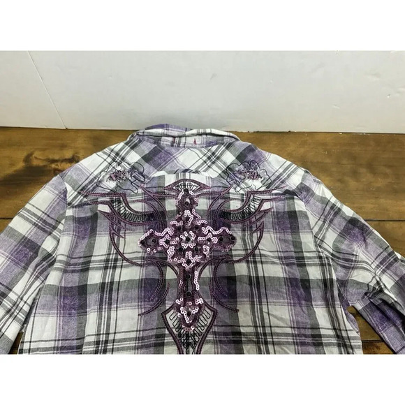 Roar Woman Western M Button Up Long Sleeve Blue Purple Embroidered Stretch Shirt - Picture 11 of 11